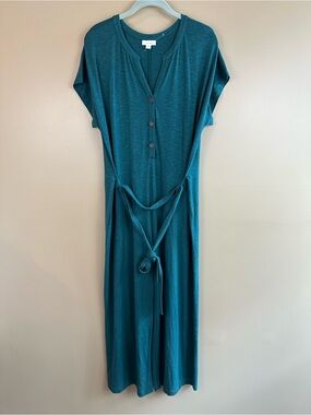 Pure Jill Teal Knit Jumpsuit Wide Leg Belted Henley Pockets Casual Medium Travel